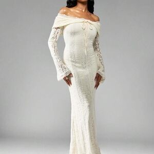David's Bridal Cream Off-Shoulder Bell Sleeve Gown